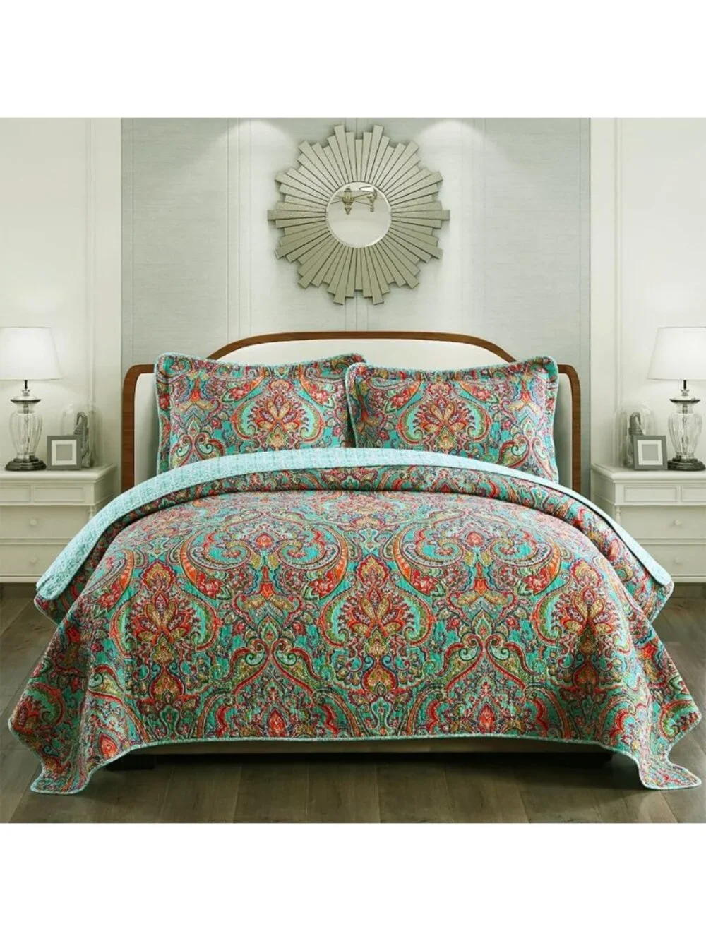 Reversible Cotton Quilt Set - King Size Floral Patchwork Bedspread Coverlet